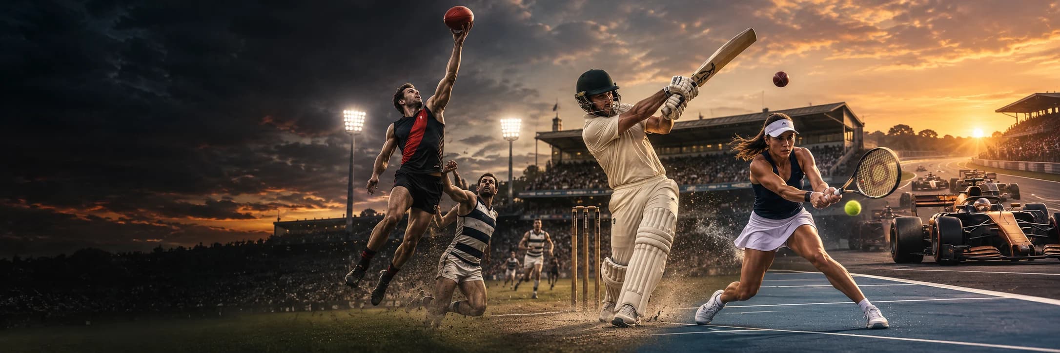 Original Australian sports artwork with football, cricket, tennis and motor racing